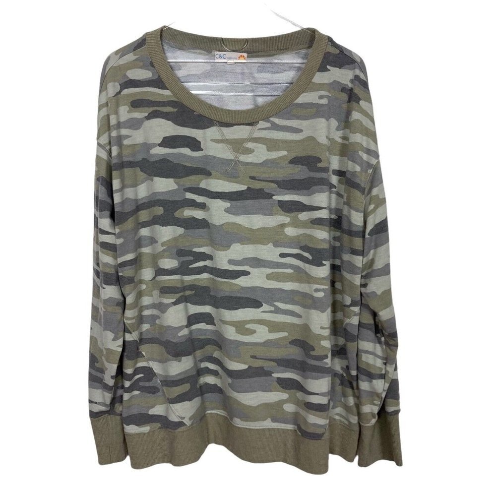 C & C California Womens Sweatshirt 2X Olive Green Camo Soft Cozy Pullover